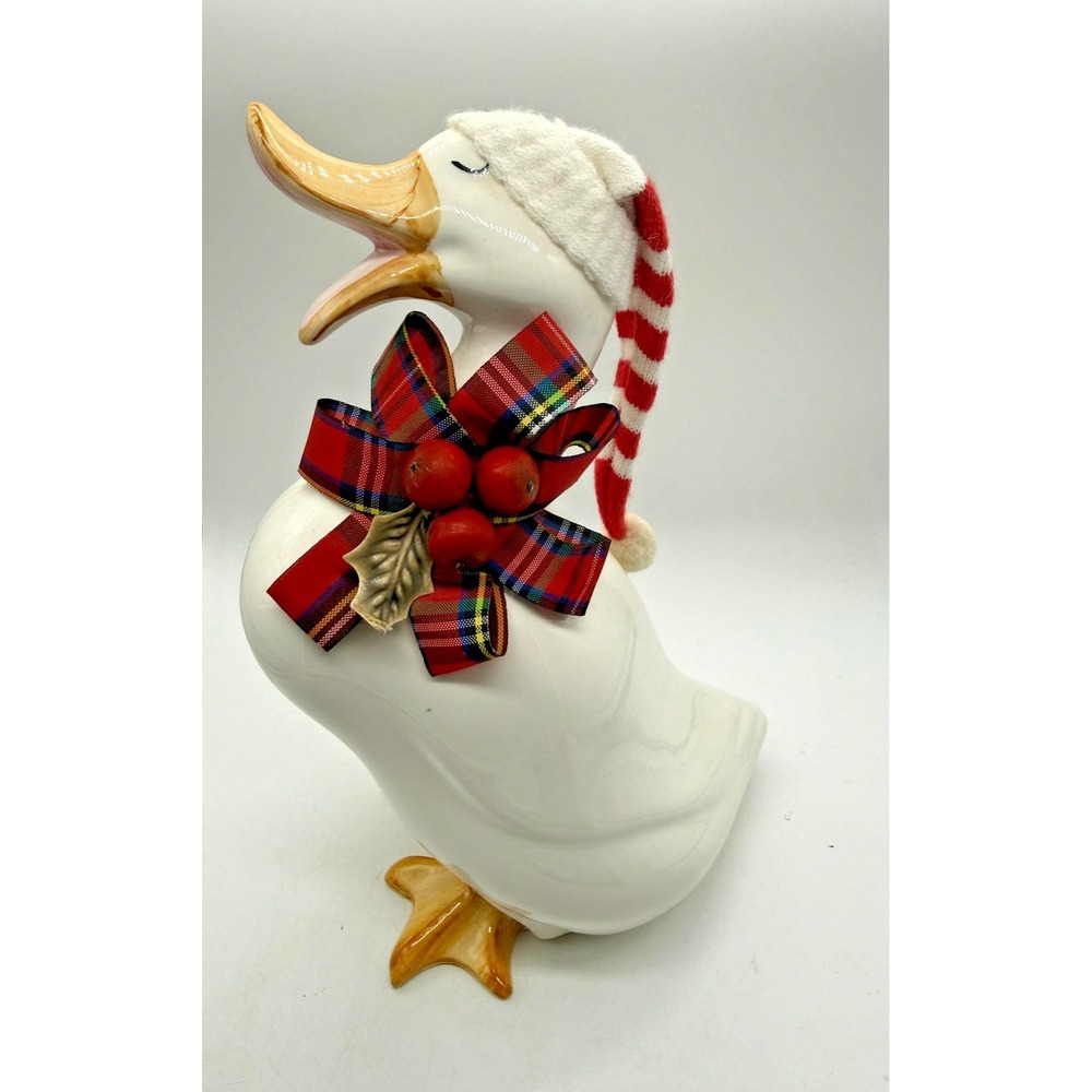 Duck Goose Figurine Ceramic White High Gloss‎ Plaid Christmas Decor Ribbon